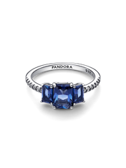 Blue Rectangular Three Stone Sparkling Ring - Sterling silver