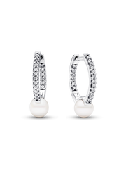 Treated Freshwater Cultured Pearl & Pavé Hoop Earrings - Sterling silver