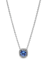 Sparkling Square Blue Halo Pendant Necklace - Sterling silver