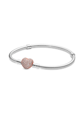 Pandora Moments Pavé Heart Clasp Snake Chain Bracelet - Sterling silver, 14k rose gold plating