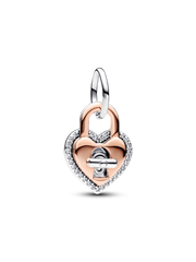 Two-tone Twistable Heart Padlock Double Dangle Charm - Sterling silver, 14k rose gold plating