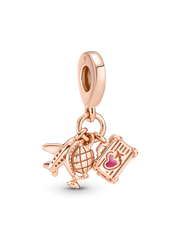 Airplane, Globe & Suitcase Triple Dangle Charm - 14k rose gold plating