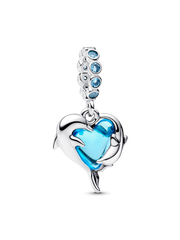 Blue Murano Glass Dolphins Dangle Charm - Sterling silver
