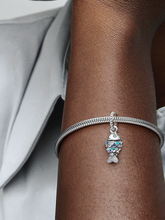 Blue Scaled Fish Dangle Charm - Sterling silver