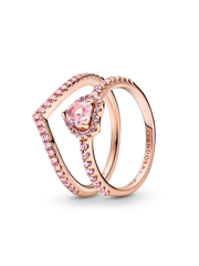 Sparkling Pink Heart Wishbone Ring Set