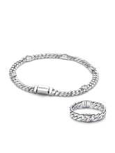 Silver Heart Cuban Chain Bracelet & Ring Set
