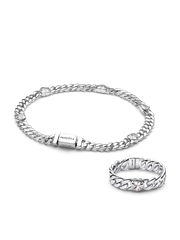 Silver Heart Cuban Chain Bracelet & Ring Set