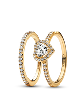 Playful Love Golden Elevated Heart Sparkling Band Ring Set