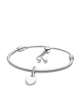 Engravable Heart Tag Dangle Charm Snake Chain Slider Bracelet Set