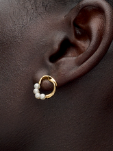 Organically Shaped Circle & Treated Freshwater Cultured Pearls Stud Earrings - 14k gold plating