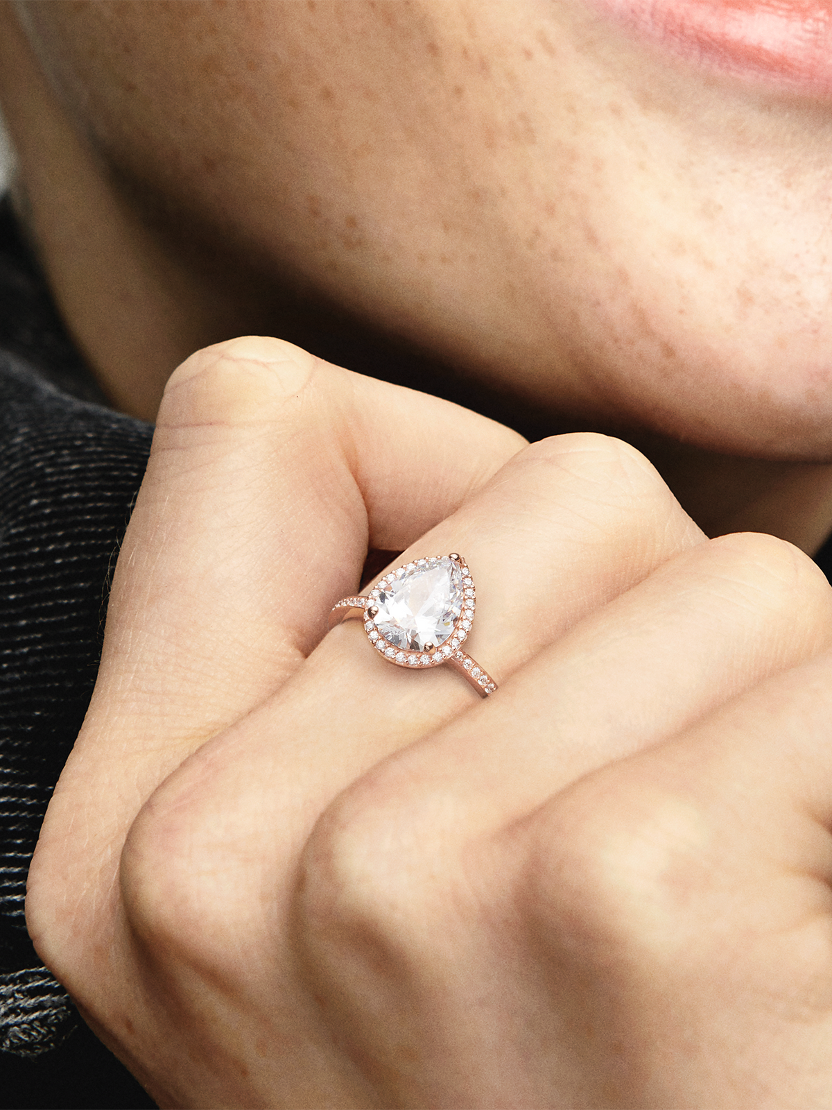 Sparkling Teardrop Halo Ring - 14k rose gold plating