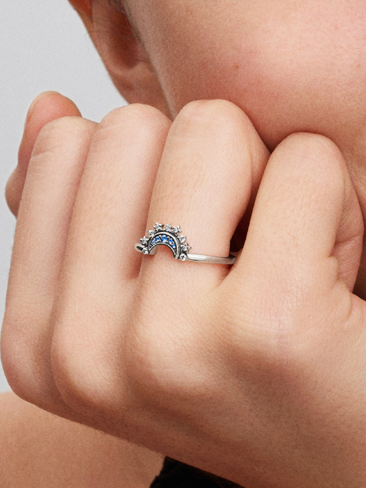 Celestial Blue Sparkling Moon Ring - Sterling silver