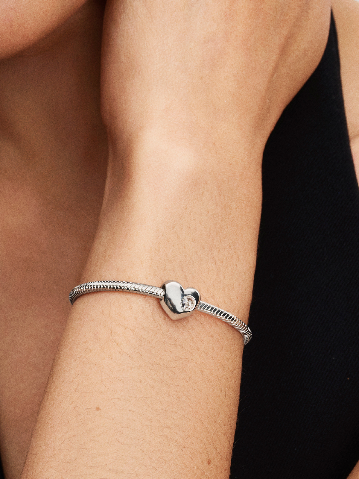 Engravable Clear Stone Heart Charm - Sterling silver