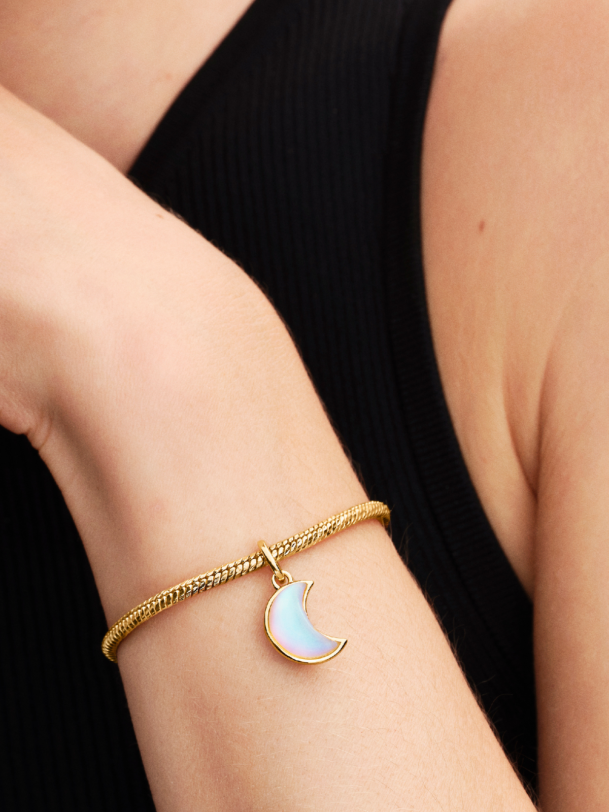 Sparkling Crescent Moon Dangle Charm - 14k gold plating