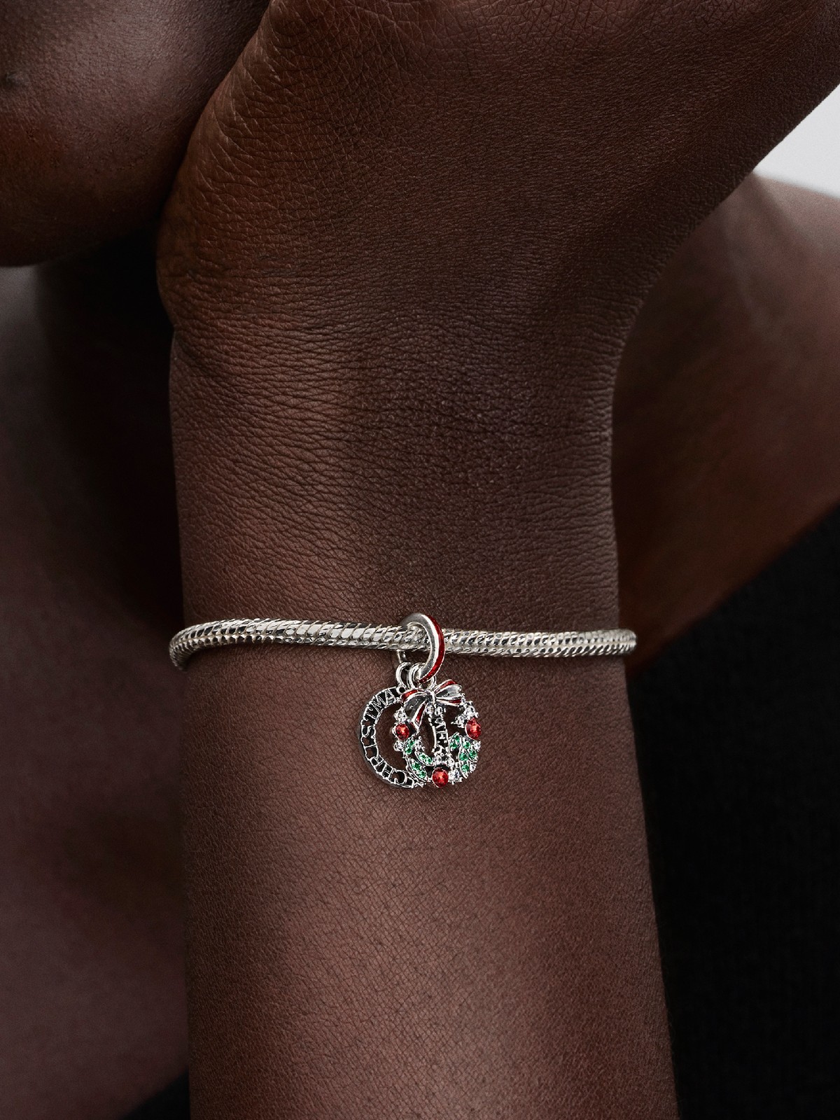 Holiday Wreath Double Dangle Charm - Sterling silver