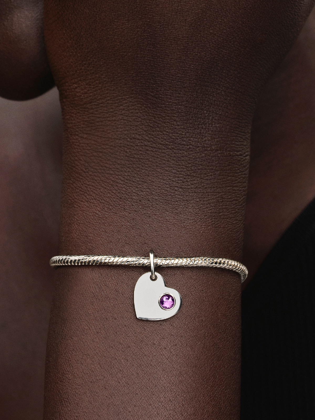 February Engravable Heart Purple Stone Heart Dangle Charm - Sterling silver