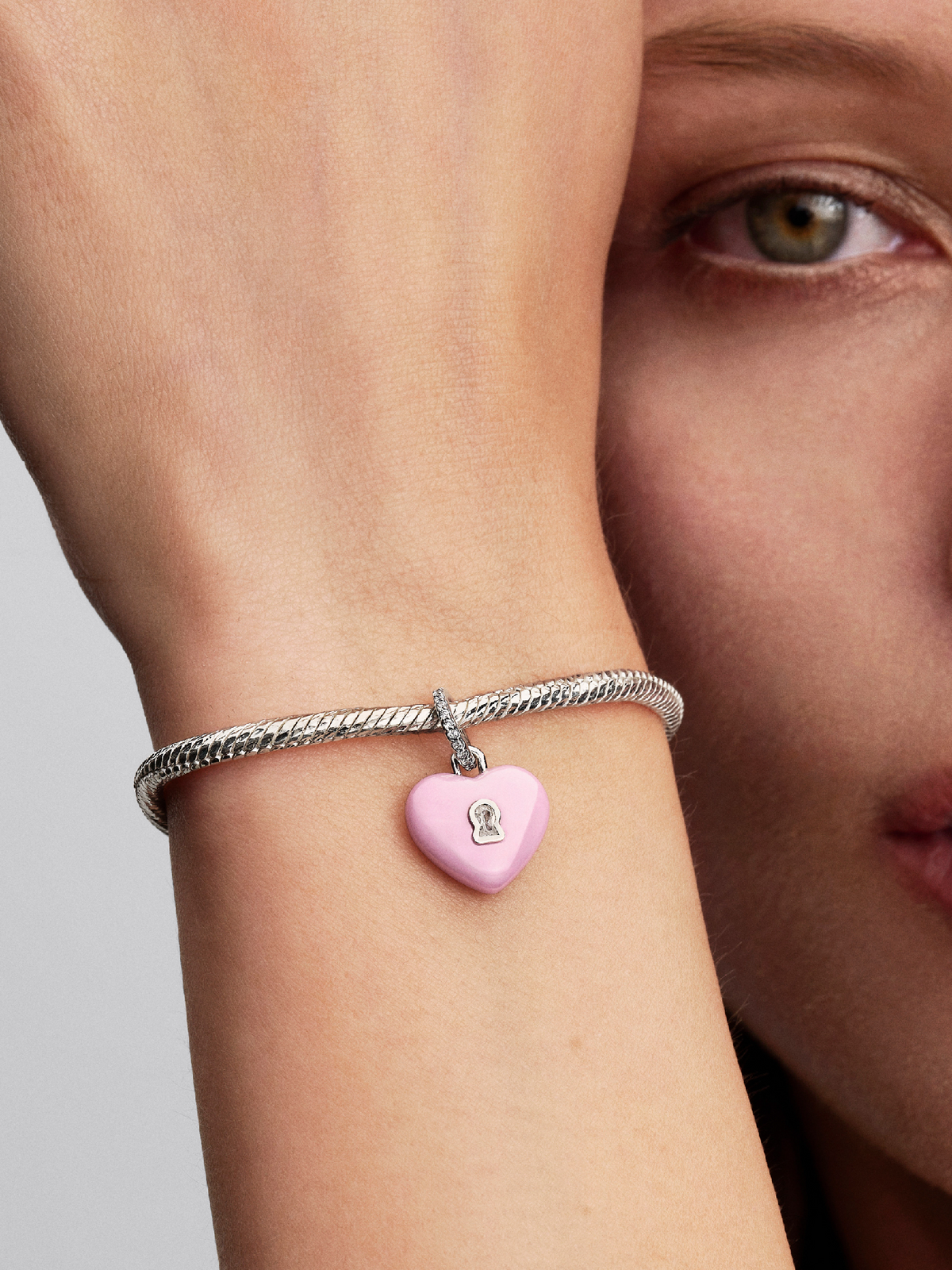Pink Ceramic Heart Padlock Dangle Charm - Sterling silver