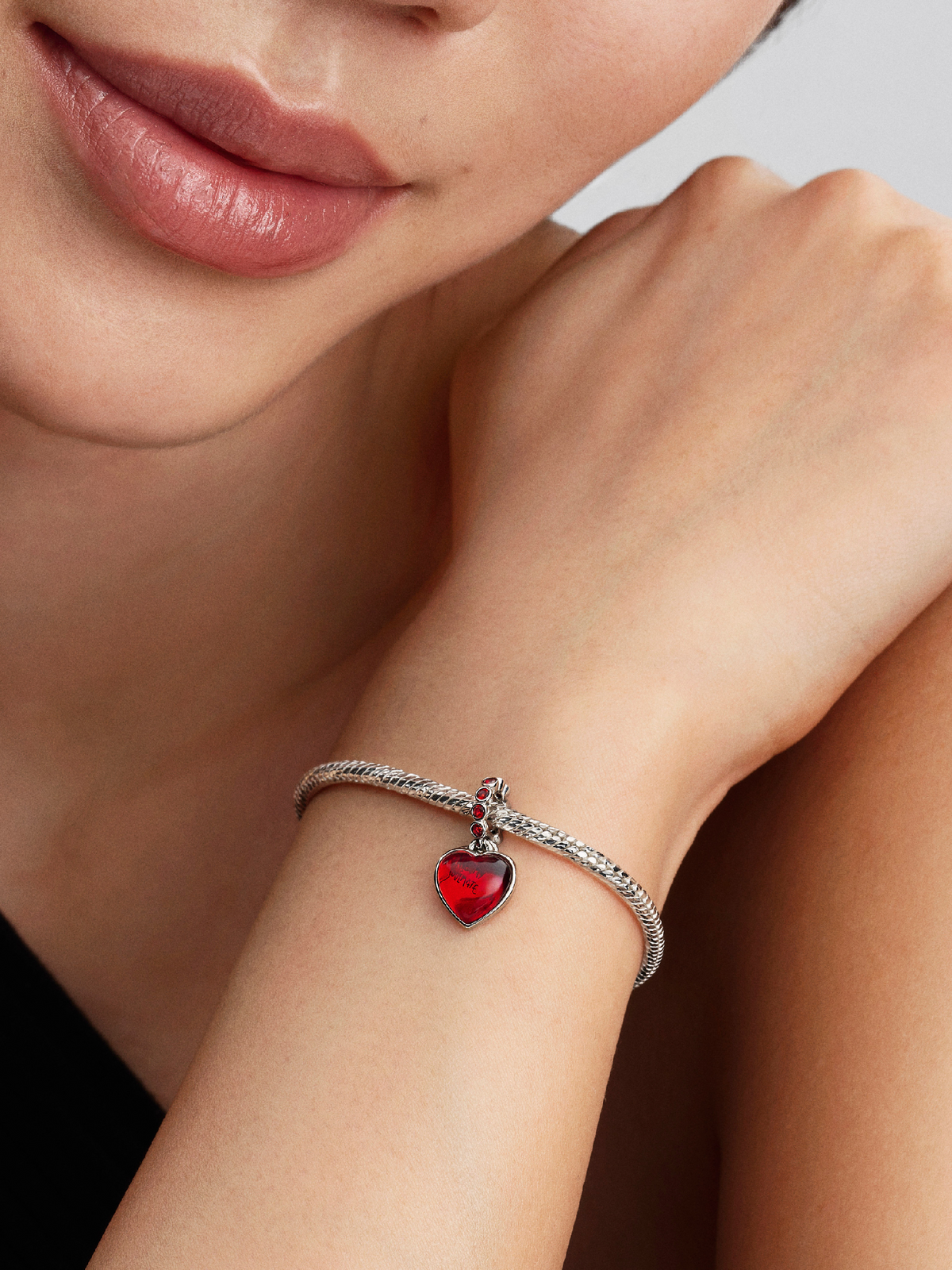 Red Murano Glass Heart Double Dangle Charm - Sterling silver