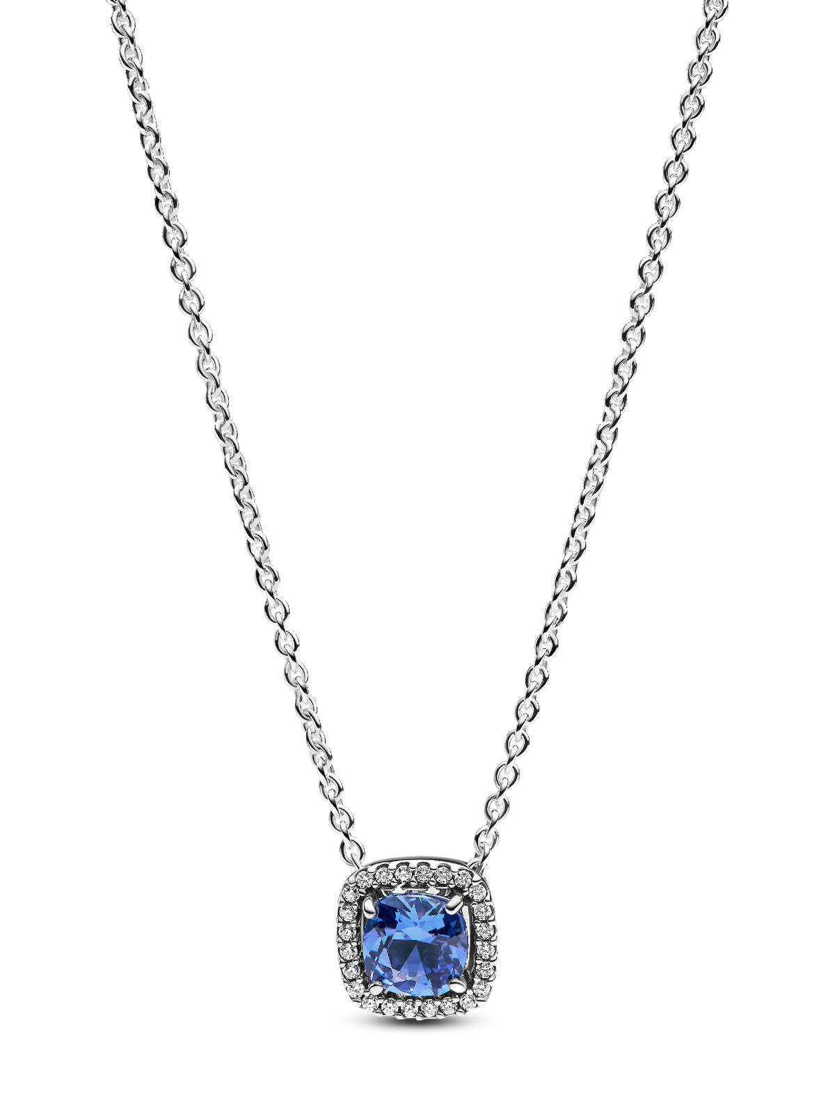 Sparkling Square Blue Halo Pendant Necklace - Sterling silver