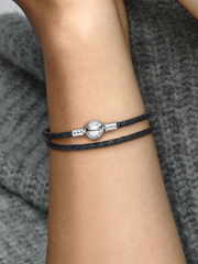 Pandora Moments Double Black Leather Bracelet - Sterling silver