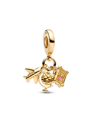 Airplane, Globe & Suitcase Triple Dangle Charm - 14k gold plating