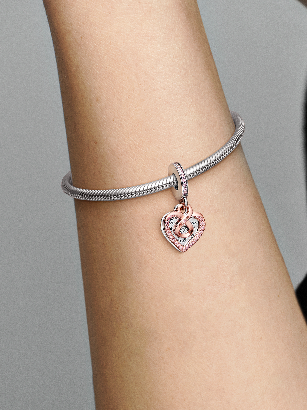 Two-tone Infinity Heart Double Dangle Charm - Sterling silver, 14k rose gold plating
