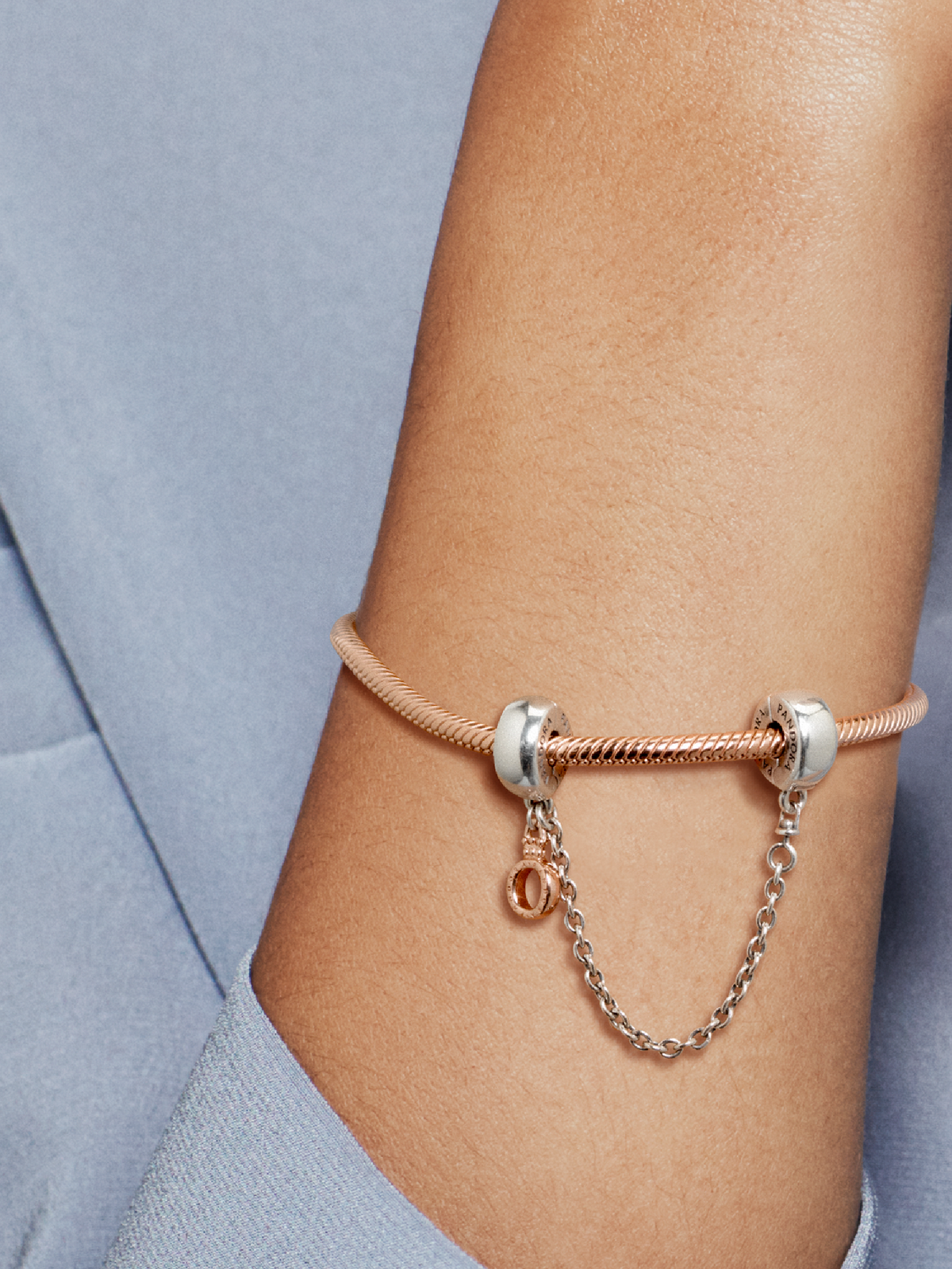 Dangling Crown O Safety Chain Charm - Sterling silver, 14k rose gold plating
