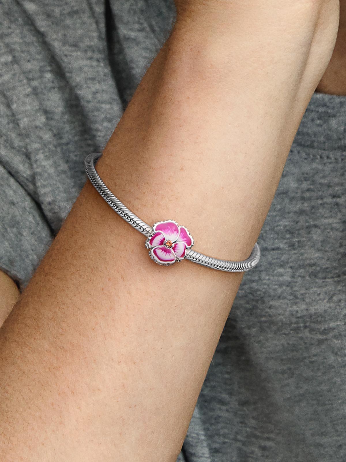 Pink Pansy Flower Charm - Sterling silver
