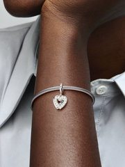 Pearlescent White Heart Double Dangle Charm - Sterling silver
