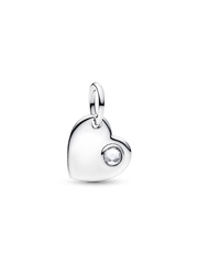 April Engravable Heart Clear Stone Dangle Charm - Sterling silver