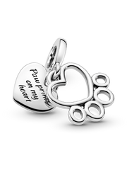 Hearts & Paw Print Dangle Charm - Sterling silver