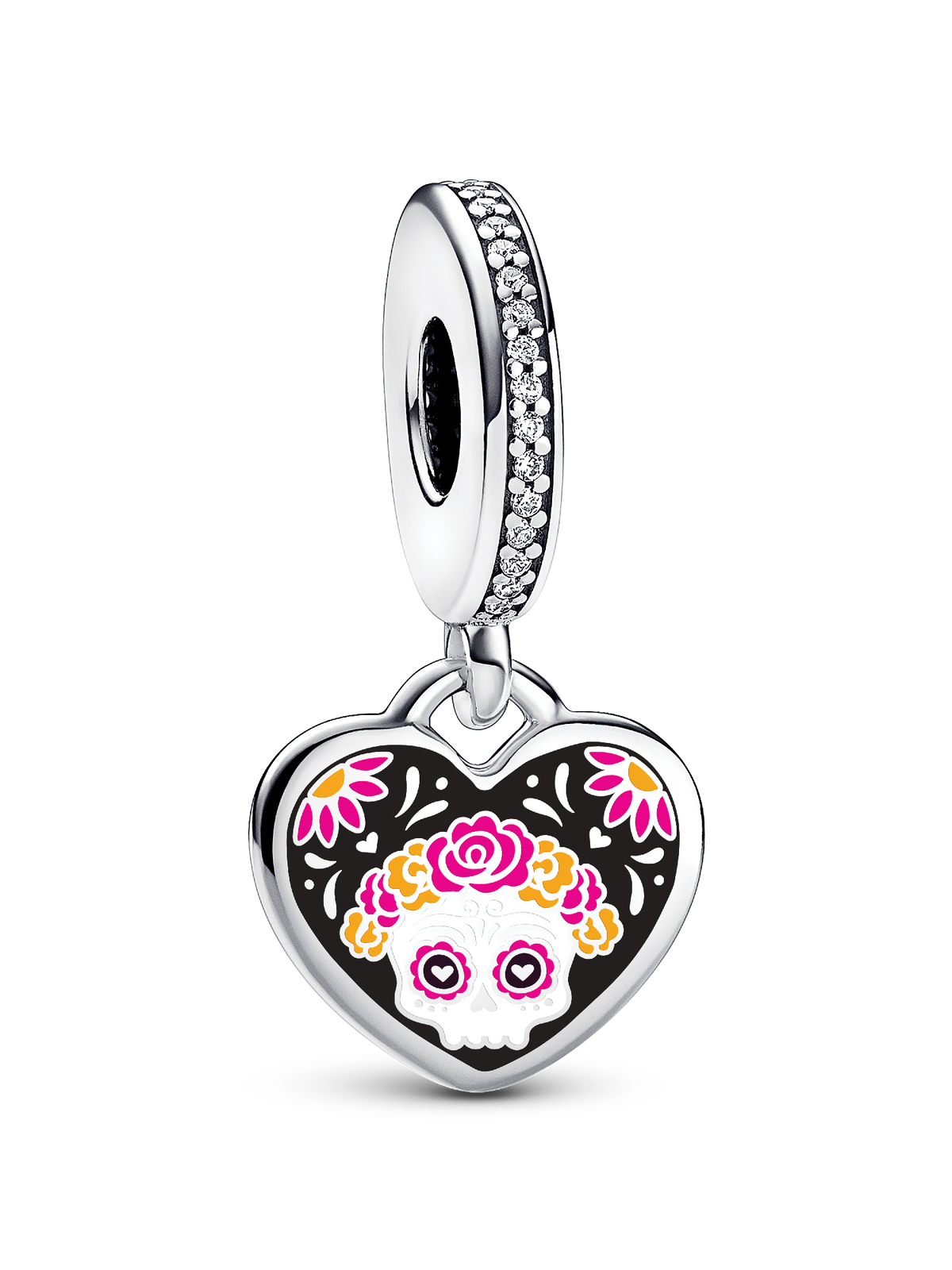 Day of the Dead Sugar Skull Heart Dangle Charm - Sterling silver