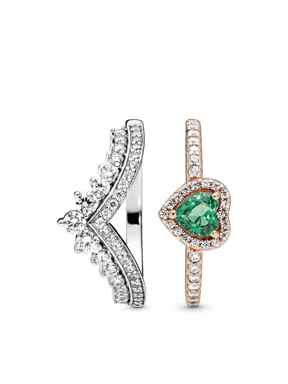 Green Heart Princess Wishbone Stacking Ring Set