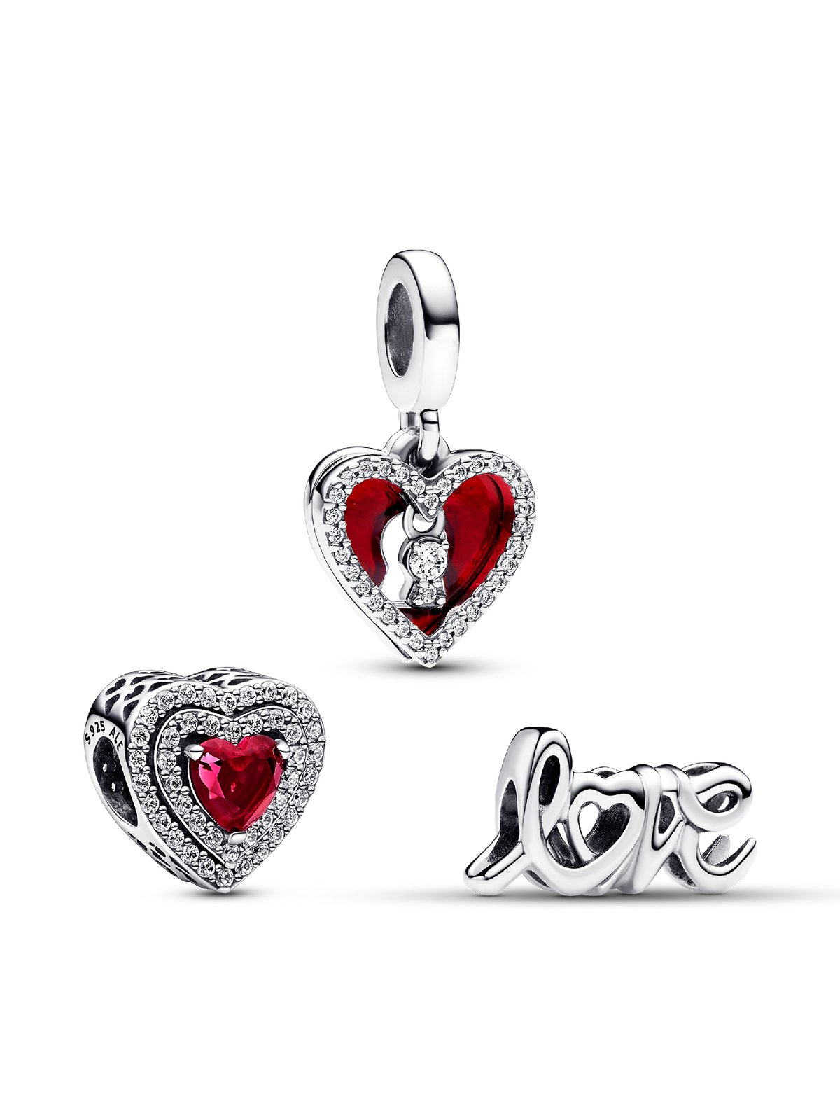 Sparkling Red Heart Dangle Charm Trio