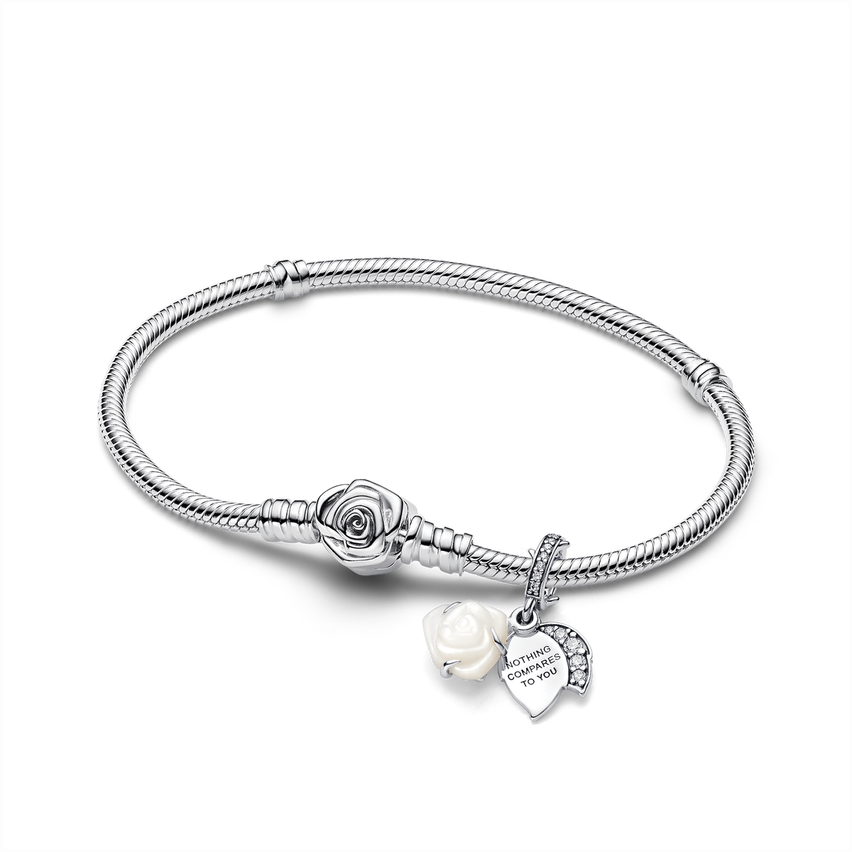 White Rose in Bloom Double Dangle Charm Bracelet Set