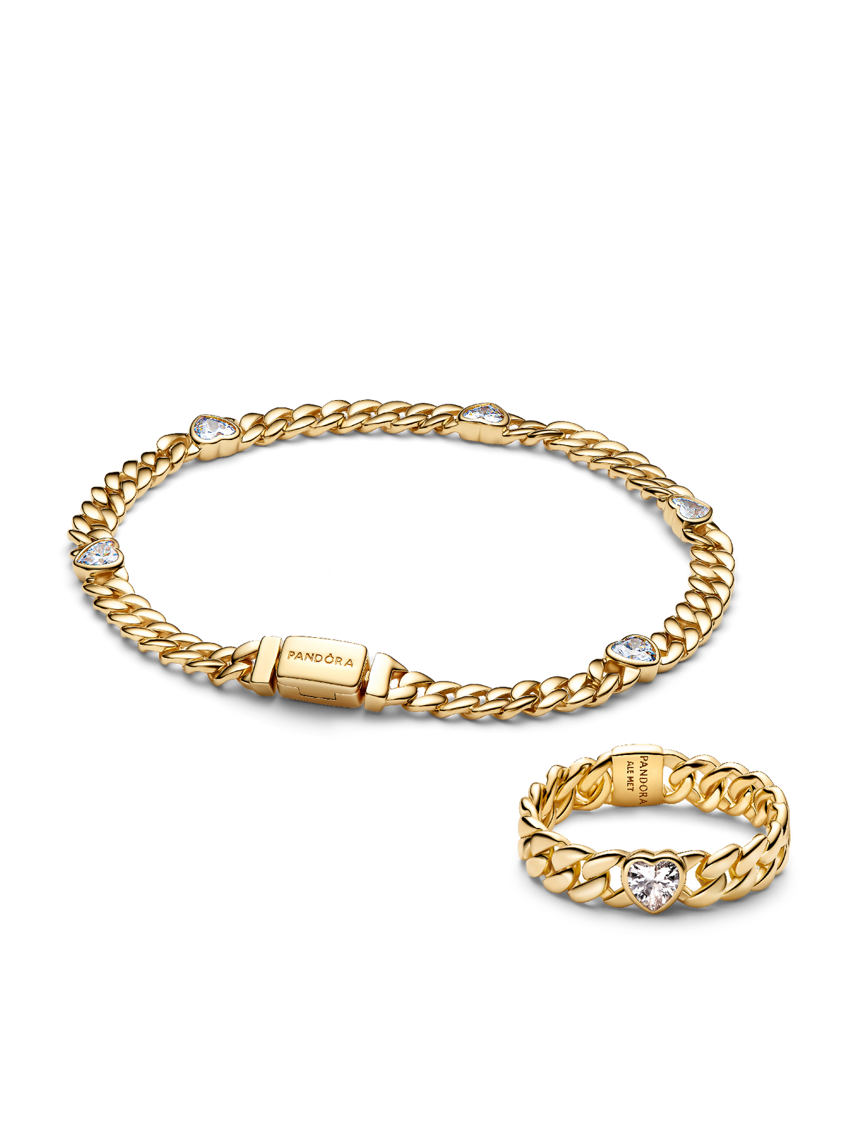 Gold Plated Heart Cuban Chain Bracelet & Ring Set