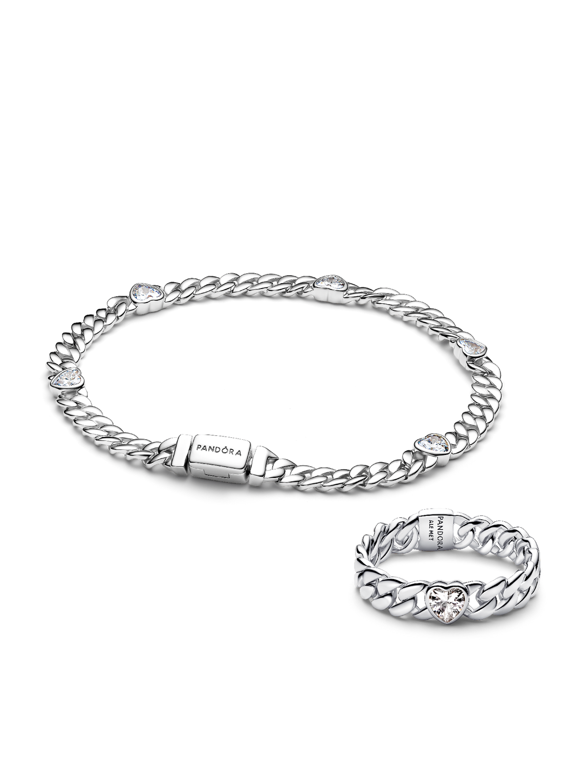 Silver Heart Cuban Chain Bracelet & Ring Set