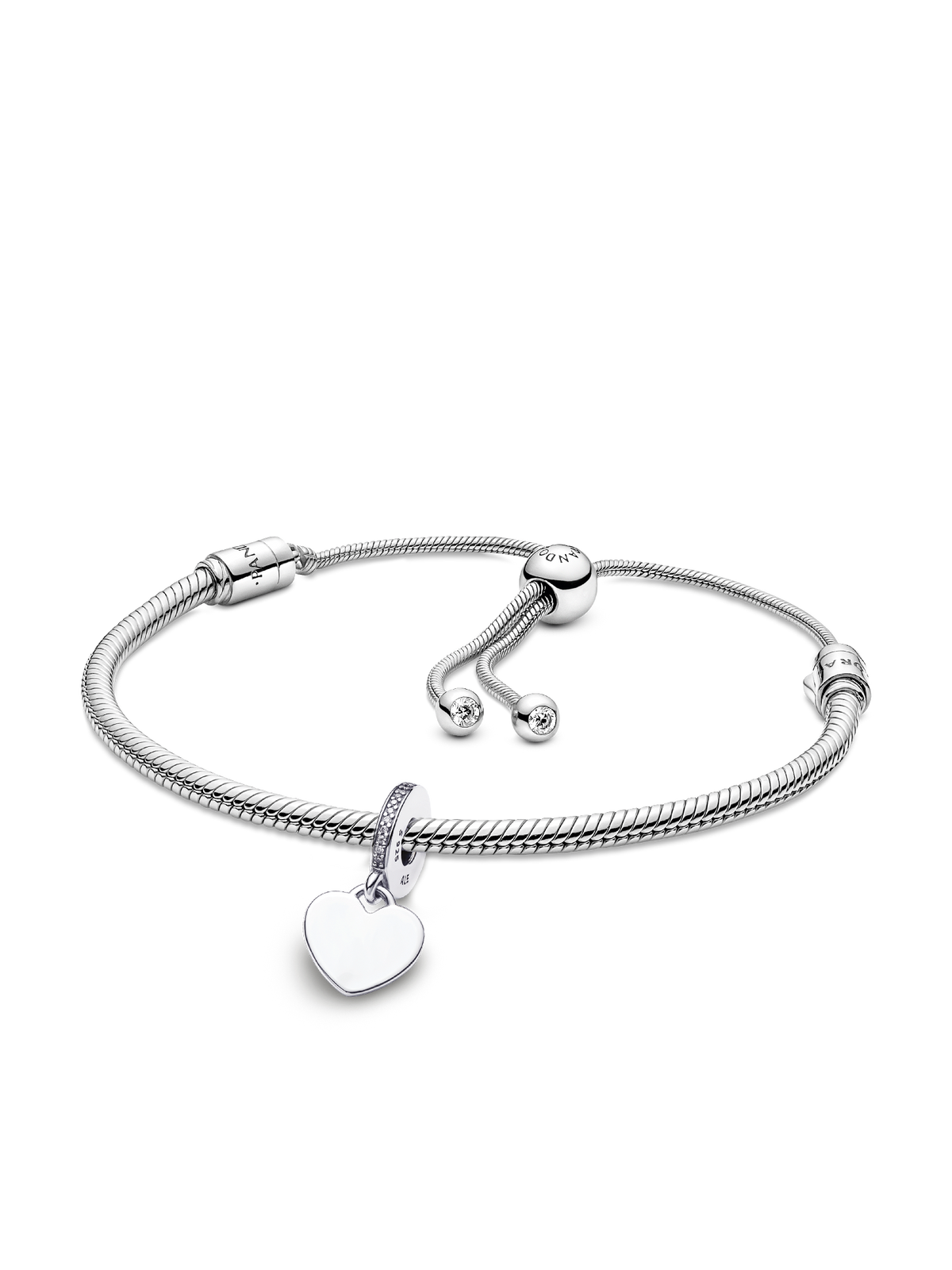 Engravable Heart Tag Dangle Charm Snake Chain Slider Bracelet Set