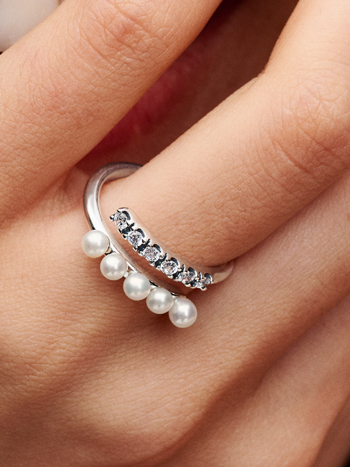 Treated Freshwater Cultured Pearls & Pavé Open Ring - Sterling silver