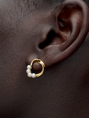 Organically Shaped Circle & Treated Freshwater Cultured Pearls Stud Earrings - 14k gold plating