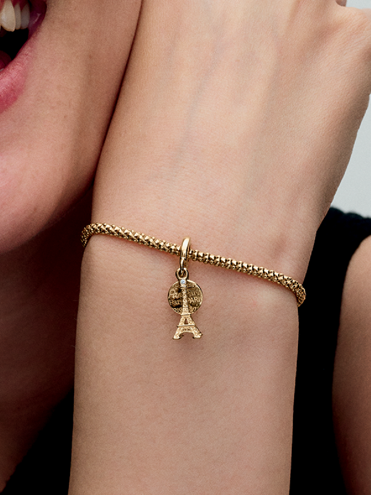Paris Eiffel Tower Lab-Grown Diamond Engravable Double Dangle Charm - 0.009 ct TW, 14k gold plating